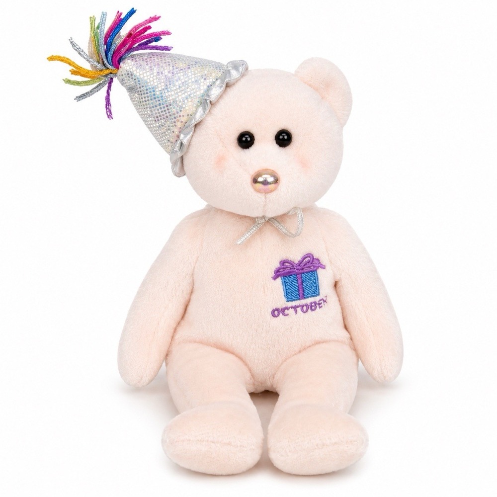 Ty Beanie Baby October Plush Birthday Bear Peach Silver Party Hat 2002 Toy